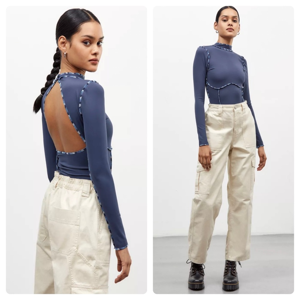 New Urban Outfitters Cutout Bodysuit Long Sleeve Open Back Mock Neck Blue Small